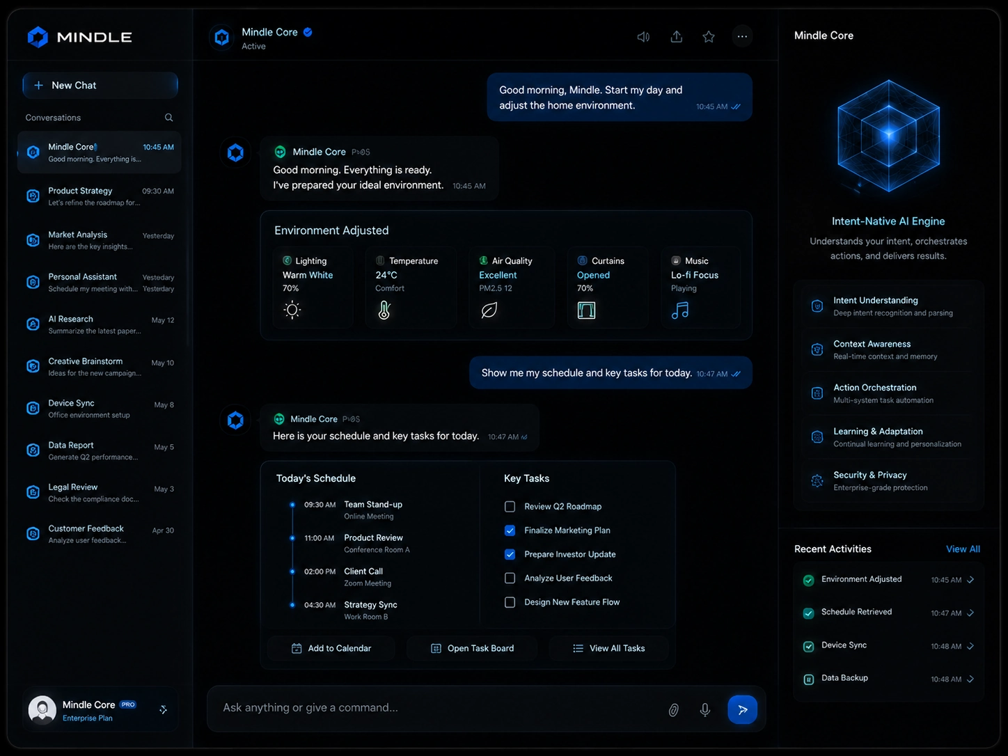 mindle chat interface with smart home and schedule orchestration