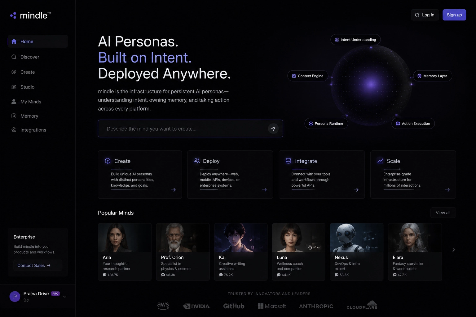 mindle product homepage showing AI persona creation platform