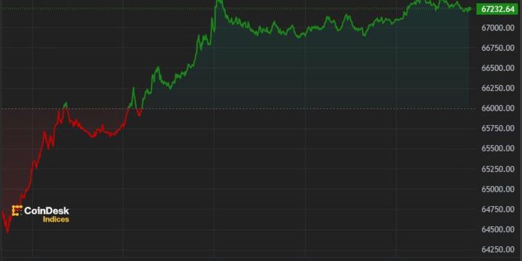 比特币重回 67,000 美元,24 小时内上涨近 5%
