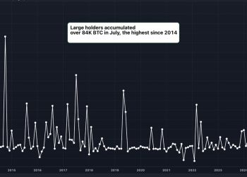 数据显示,大型比特币 (BTC) 持有者 7 月份新增 54 亿美元 BTC