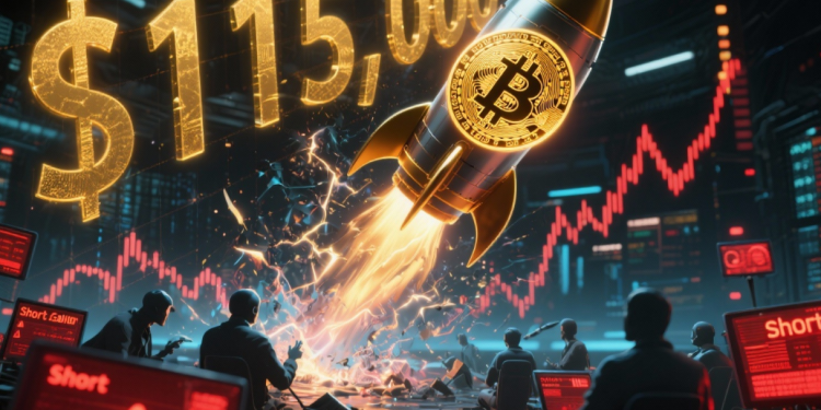 今日BTC新闻:比特币突破115,000美元大关,空头头寸面临重大损失